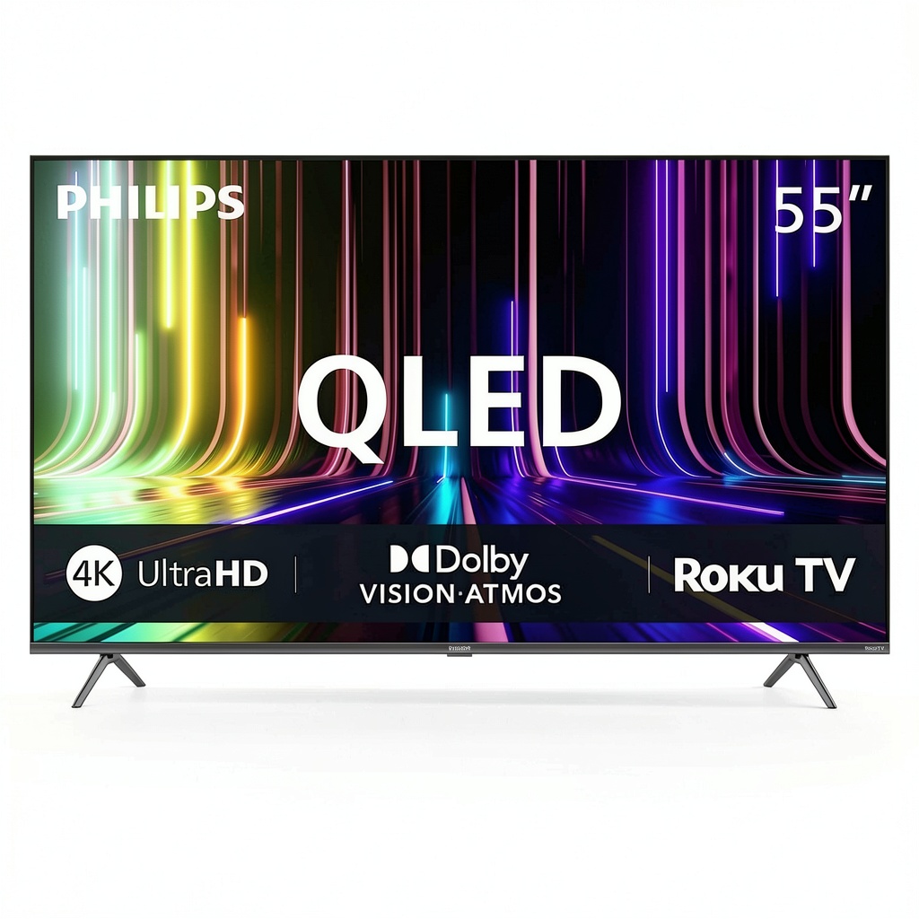 Philips 55-inch QLED TV displaying a vibrant nature scene in a living room