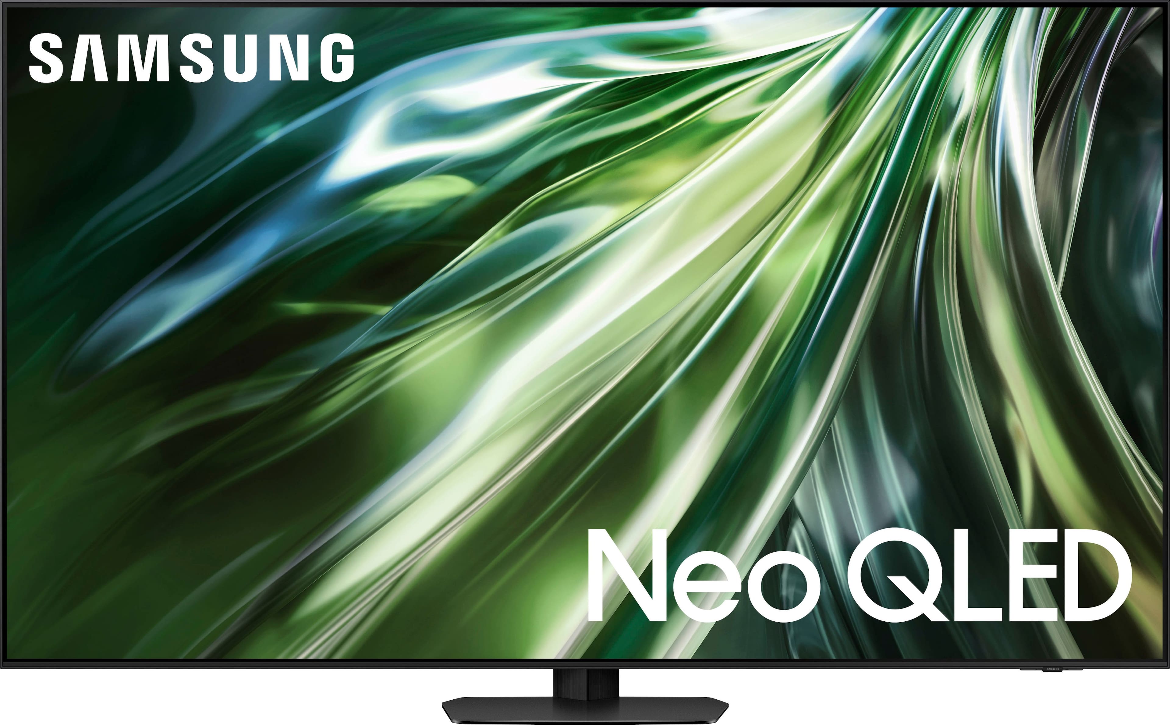 Samsung 85‑inch Neo QLED TV installed in a modern living room with ambient lighting